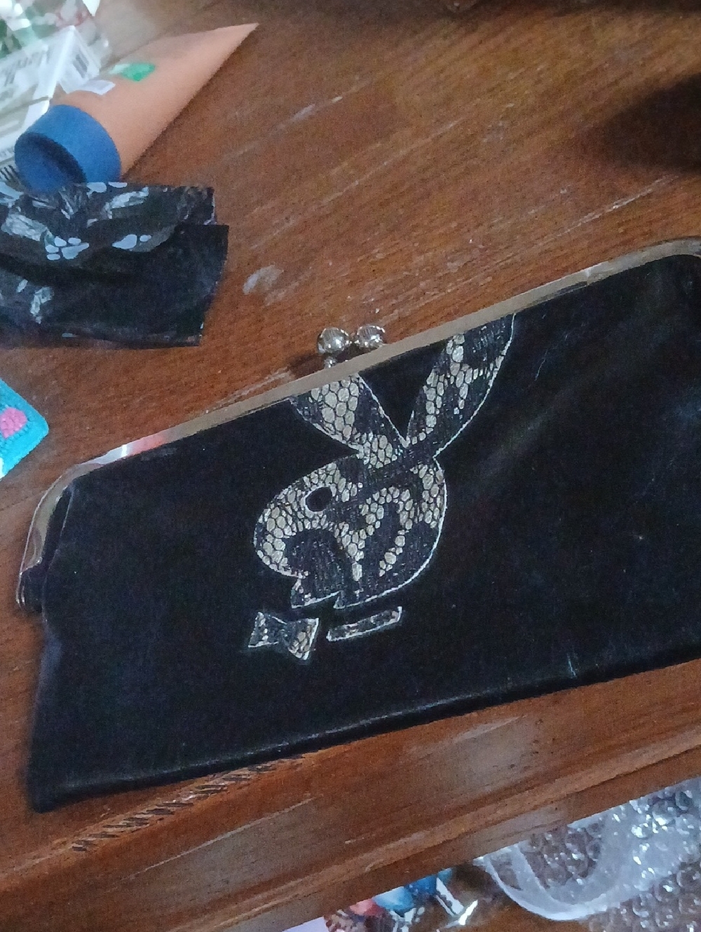 Vintage Play Boy Black Lace Snake-Detail Kiss Lock Wallet Clutch